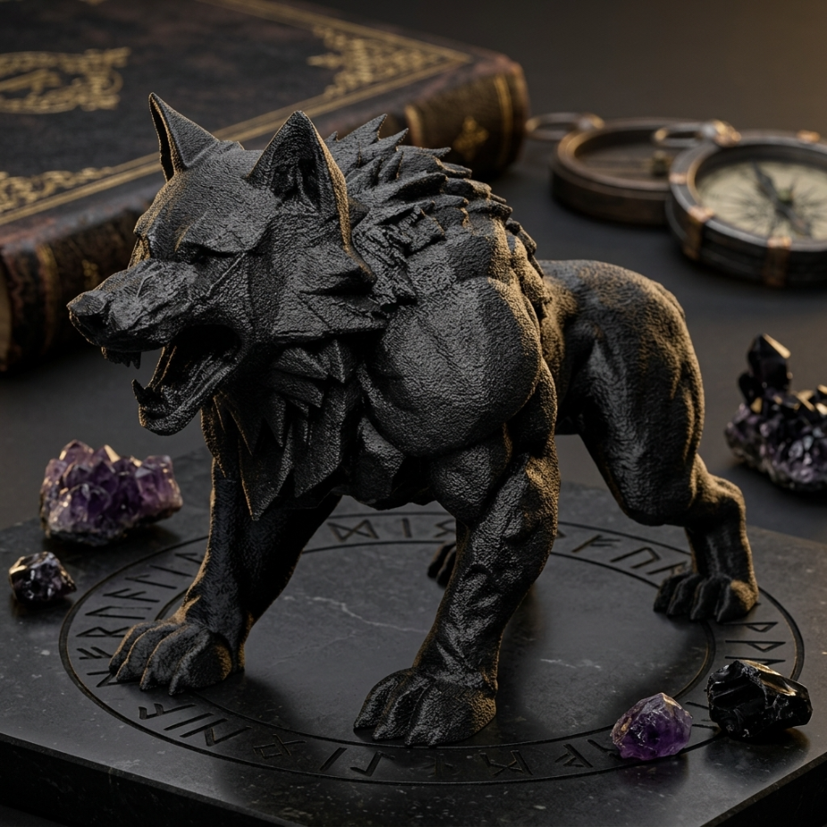 Детайлна 3D фигура на вълк върху плоча с руни, идеална изненада за фенове на мистиката.