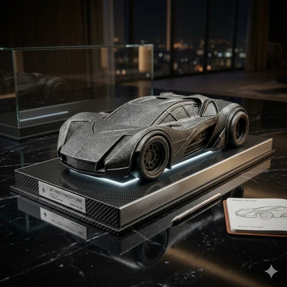 Детайлна 3D фигура на спортен автомобил върху поставка, модерна декорация за автомобилни фенове.
