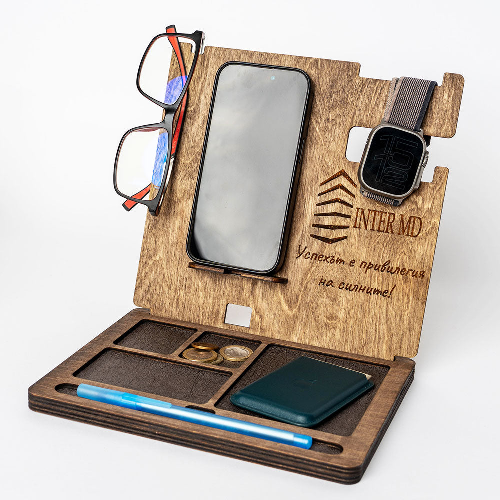 Personalized functional wooden desk organizer - a gift with a personal message