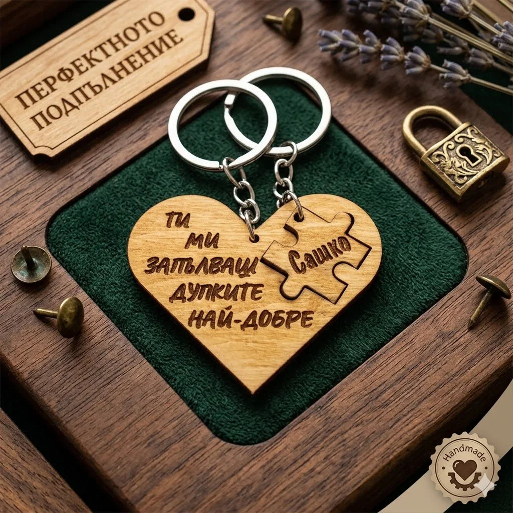 Дървен ключодържател сърце с персонален пъзел и гравиран надпис, ръчна изработка от естествено дърво.