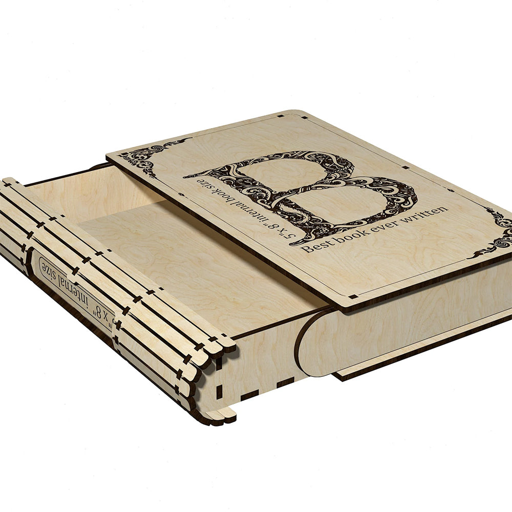 Начин на отваряне и затваряне на дървена кутия с форма на книга, хоризонтален изглед