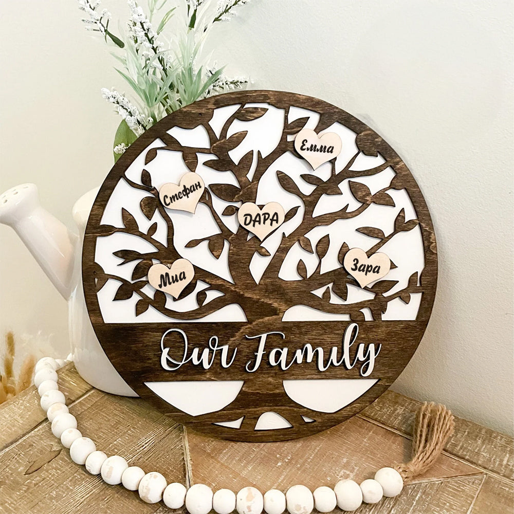 Дървено пано семейно дърво с персонализирани имена на членовете от семейството