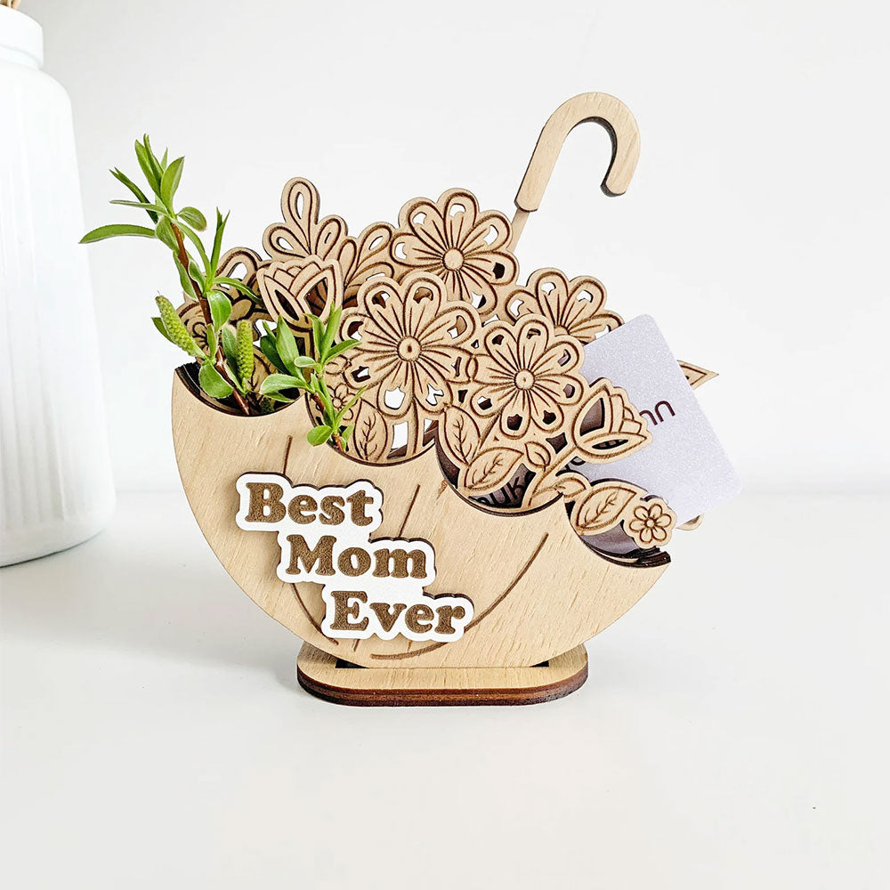 Дървен чадър с цветя „Best Mom Ever“ – красива изненада за мама