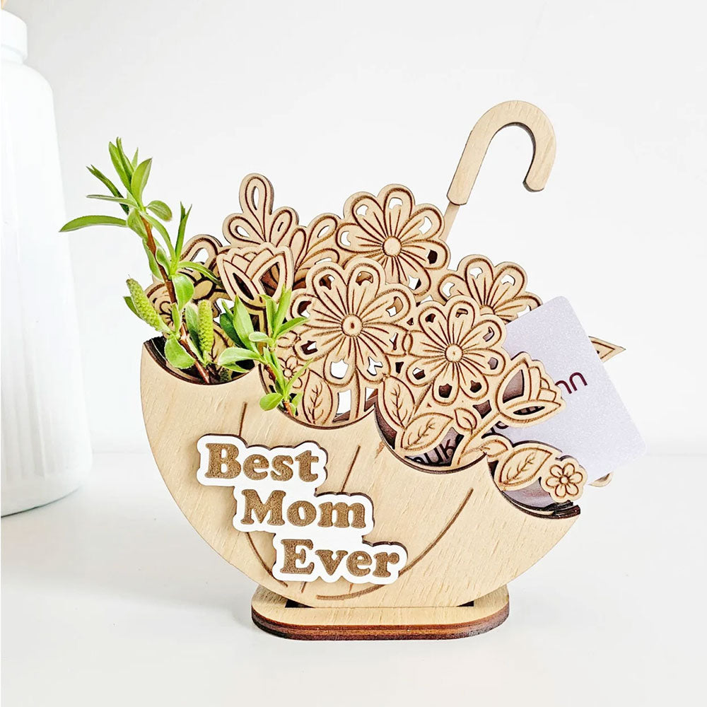 Дървен чадър с цветя „Best Mom Ever“ – красива изненада за мама
