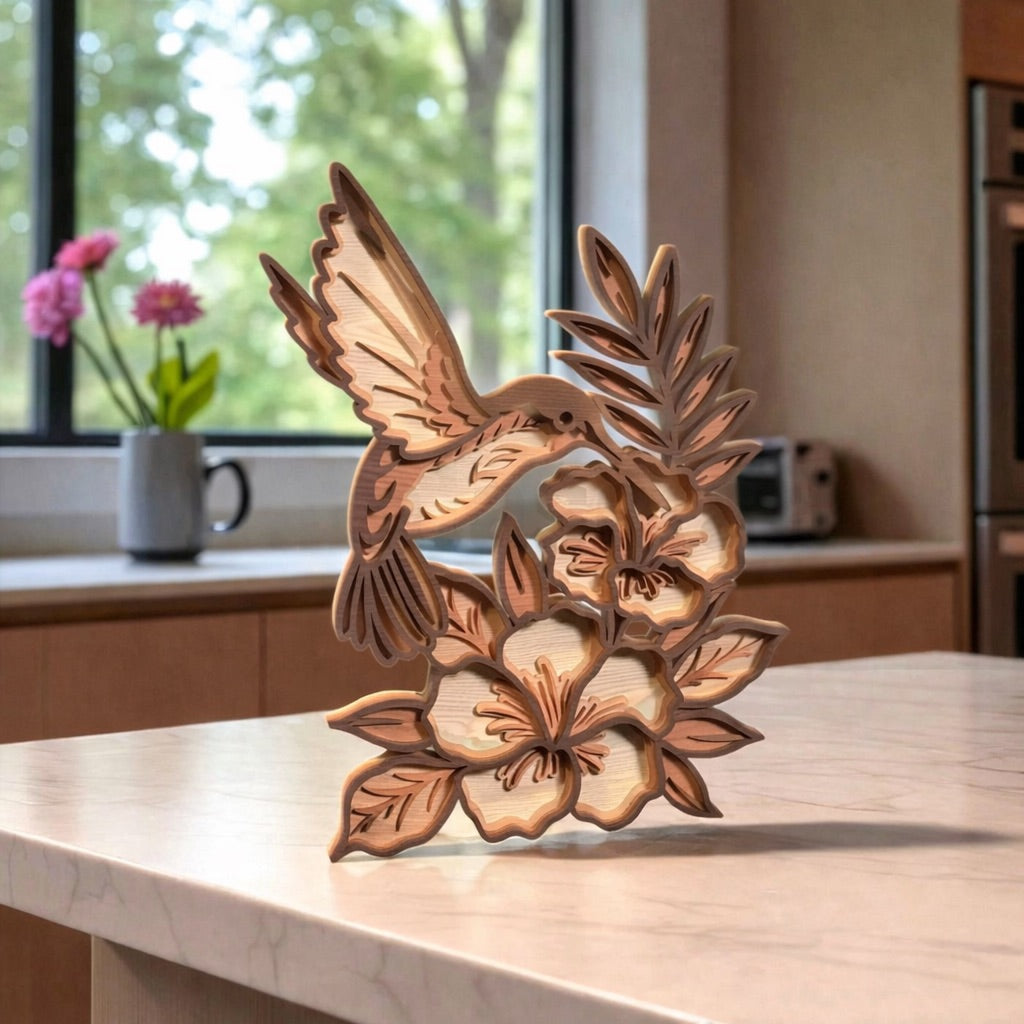 Дървена 3D Скулптура „Колибри сред цветя“