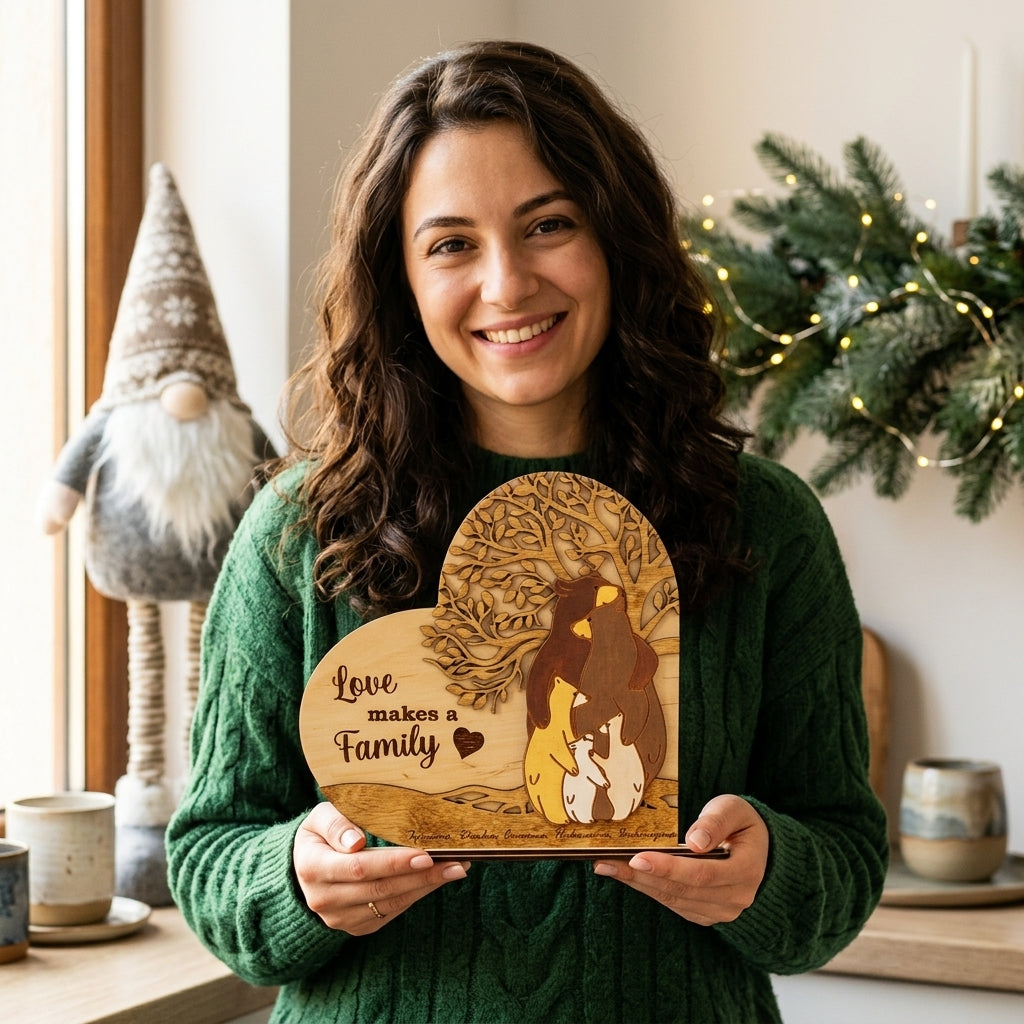 Дървена семейна табела с мечета – Перфектен подарък за семейството!