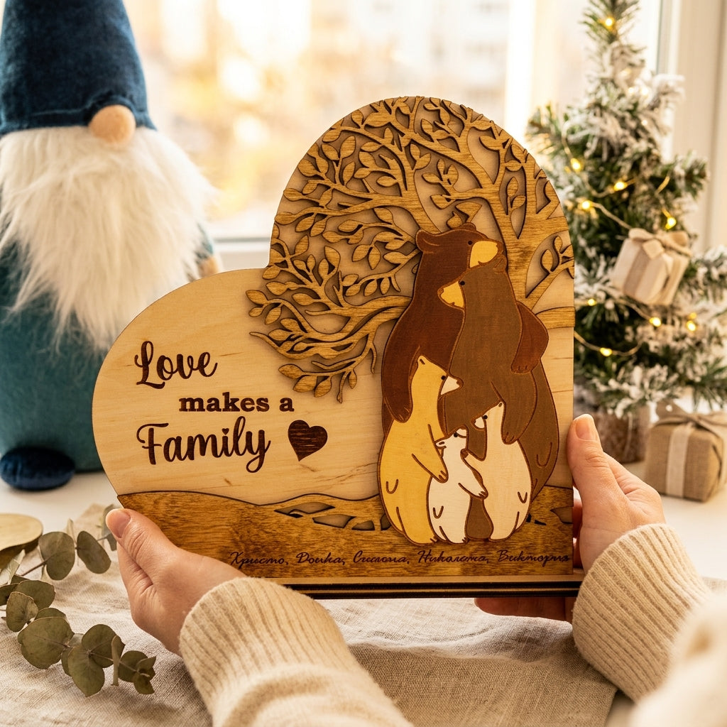 Дървена семейна табела с мечета – Перфектен подарък за семейството!