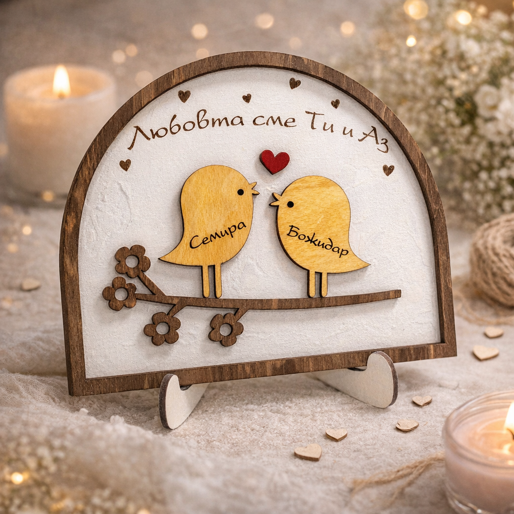 Персонализирана дървена декорация Влюбени птиченца