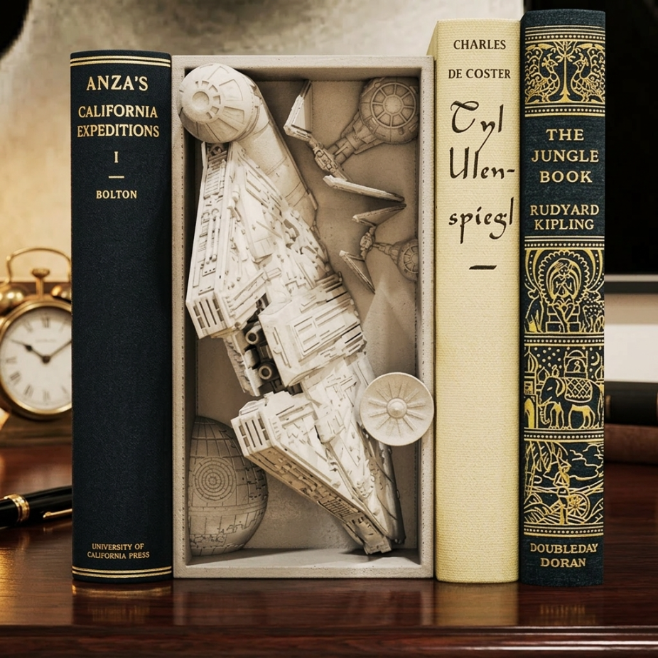 Детайлна 3D фигура на космически кораб между книги, ръчна изработка от естествено дърво, оригинална изненада от exe.bg.