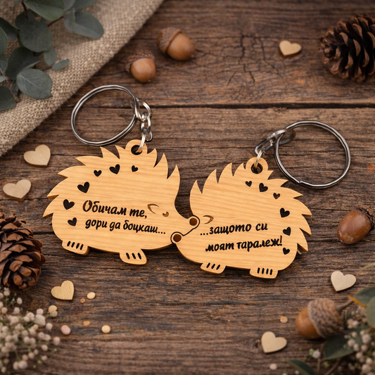 Персонализиран дървен ключодържател за двойки - романтични дизайни с гравирано послание