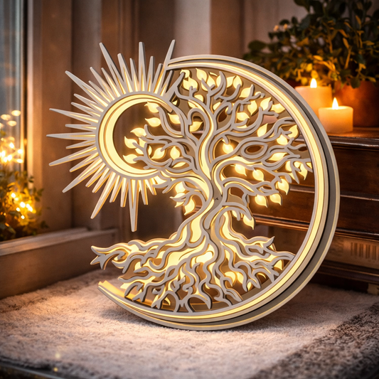 Декоративно дървено пано „Дървото на живота“ с лунен и слънчев мотив