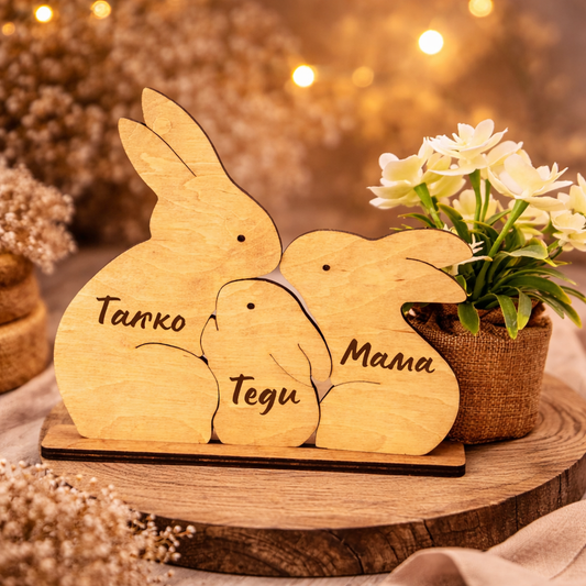 Персонализирана дървена декорация "Семейство Зайчета"