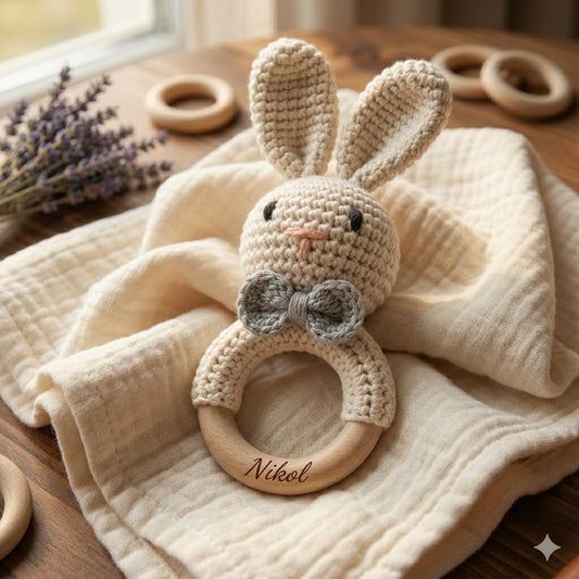 Персонализирано Сладурско Плетено зайче подарък за бебе
