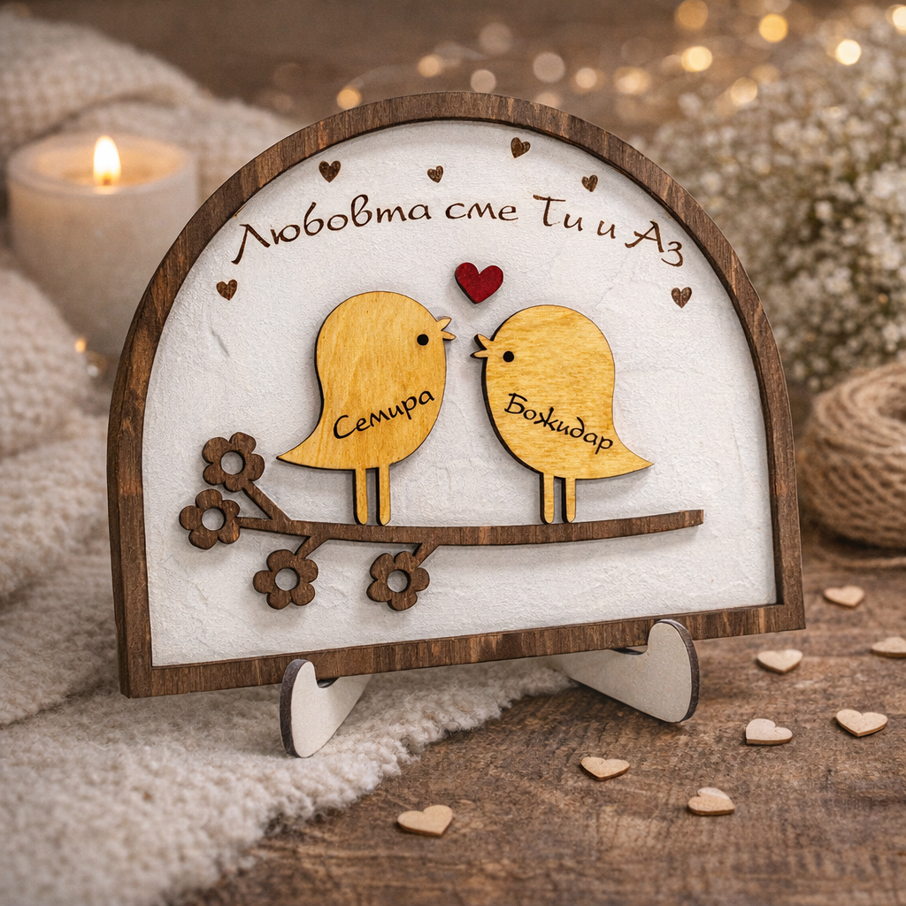 Персонализирана дървена декорация Влюбени птиченца