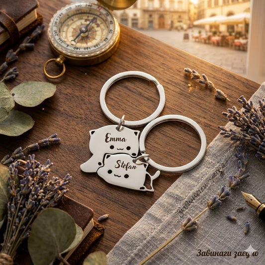 Очарователен комплект ключодържатели с форма на котенца Перфектен персонализиран подарък за двойки