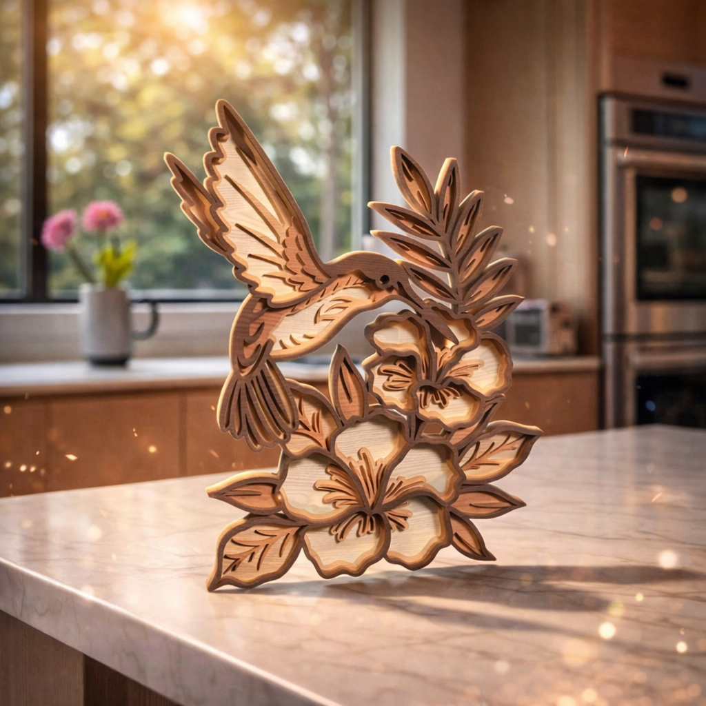 Дървена 3D Скулптура „Колибри сред цветя“