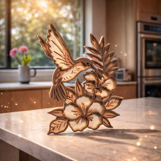 Дървена 3D Скулптура „Колибри сред цветя“