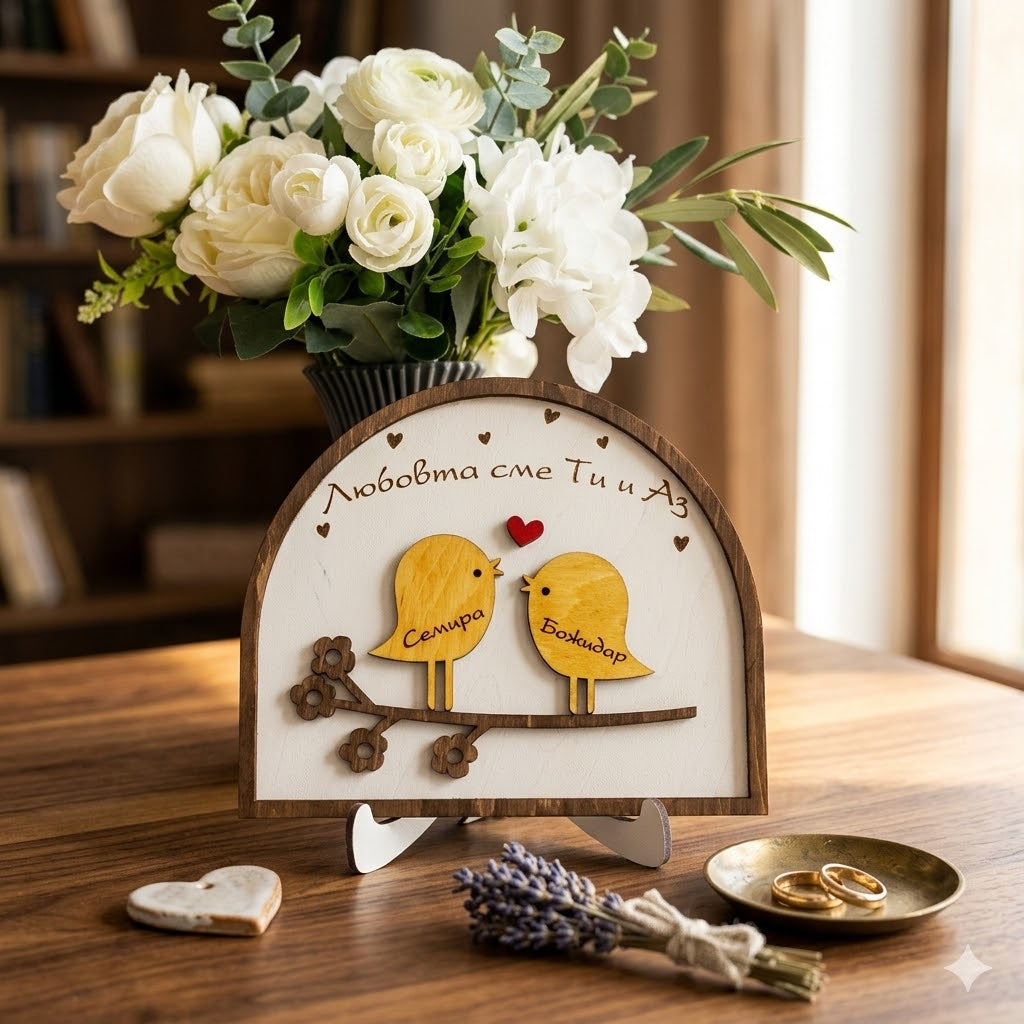 Персонализирана дървена декорация Влюбени птиченца