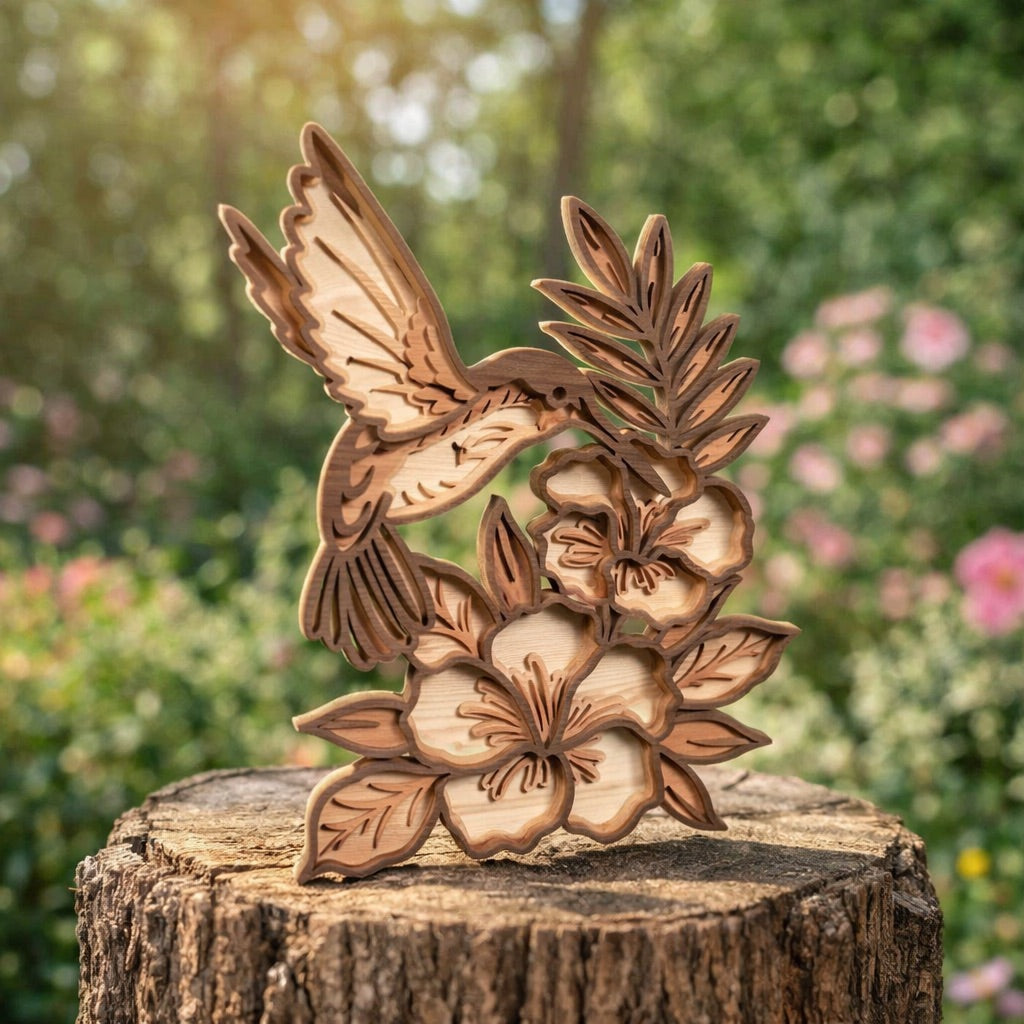 Дървена 3D Скулптура „Колибри сред цветя“