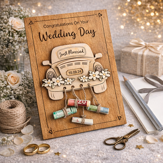 Персонализирана дървена картичка за сватба – „Just Married“ с място за паричен подарък