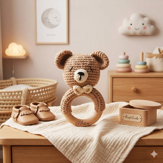 Персонализирана ръчно плетена дрънкалка Мече с дървена основа