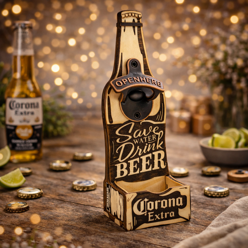 Дървен отварачка за бира Corona Extra с кошче, ръчна изработка, стилна декорация за изненада.