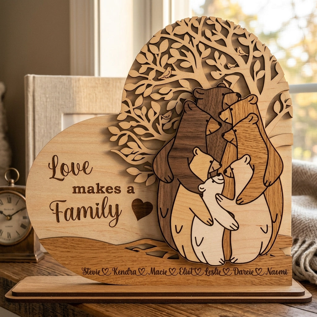 Дървена семейна табела с мечета – Перфектен подарък за семейството!