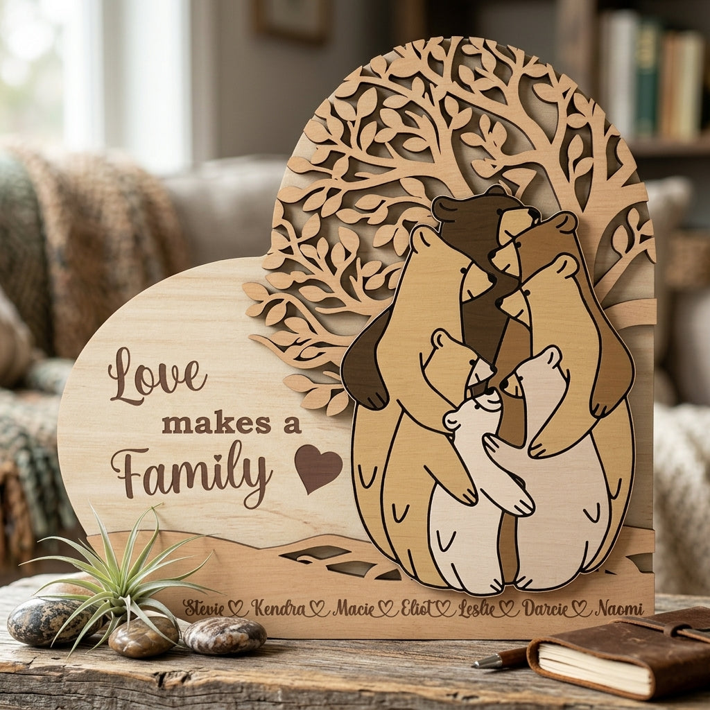 Дървена семейна табела с мечета – Перфектен подарък за семейството!