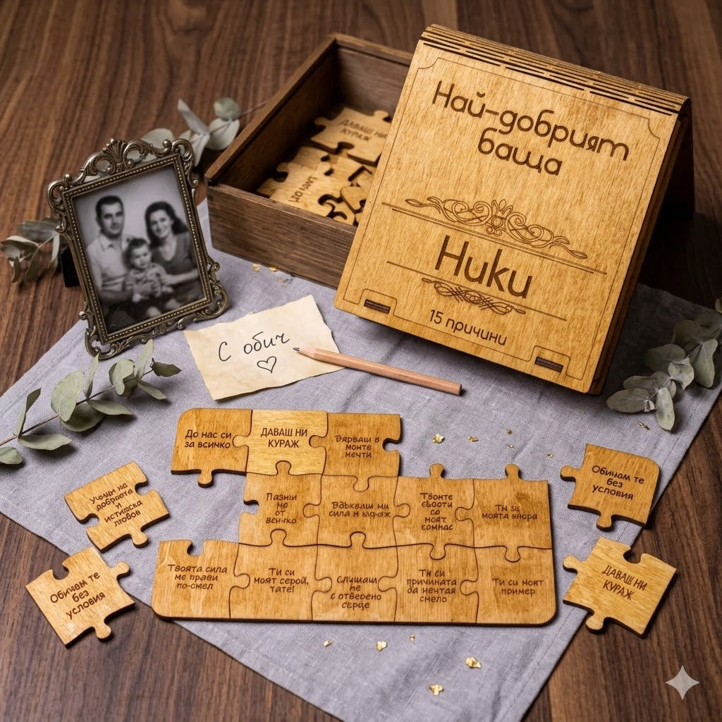 Ръчно изработен Дървен пъзел “15 причини да си Най-добрият ми приятел, Топ колега, Най-добрият баща на света..”