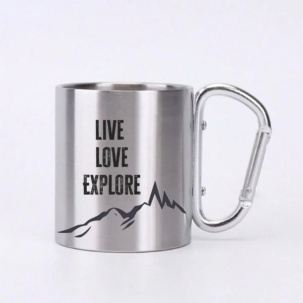 Стоманена чаша с дръжка карабинер, с гравиран текст Live Love Explore