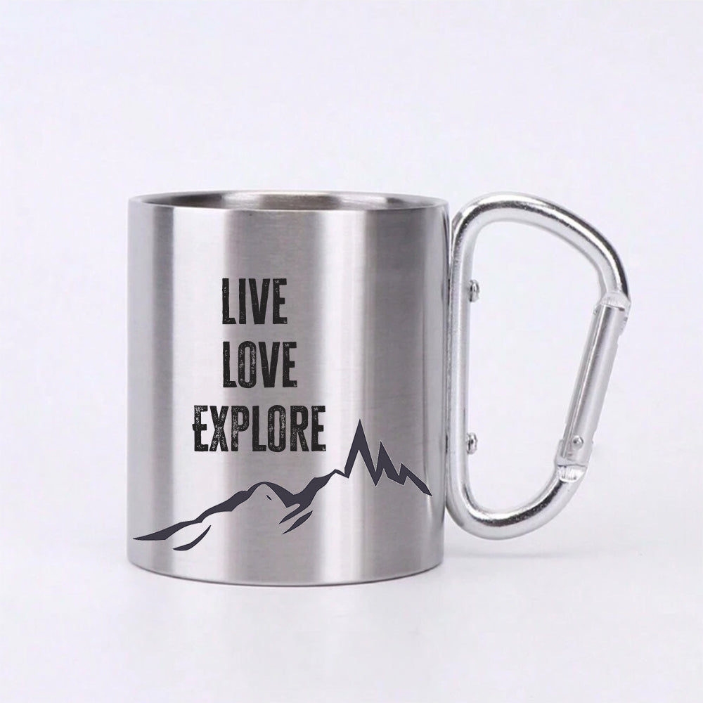 Стоманена чаша с дръжка карабинер, с гравиран текст Live Love Explore