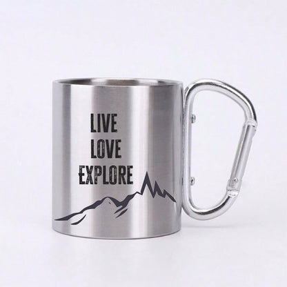 Стоманена чаша с дръжка карабинер, с гравиран текст Live Love Explore