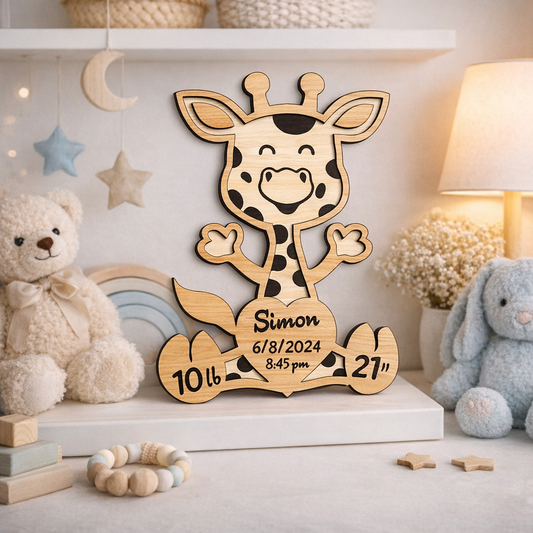 Ръчно изработена табела за Новородено "Жирафче" с гравирани данни за бебето