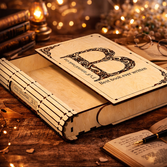 Персонализирана дървена кутия с форма на книга