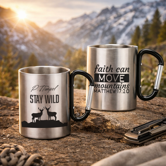 Чаша от неръждаема стомана с карабинер с персонализирано послание 220 мл