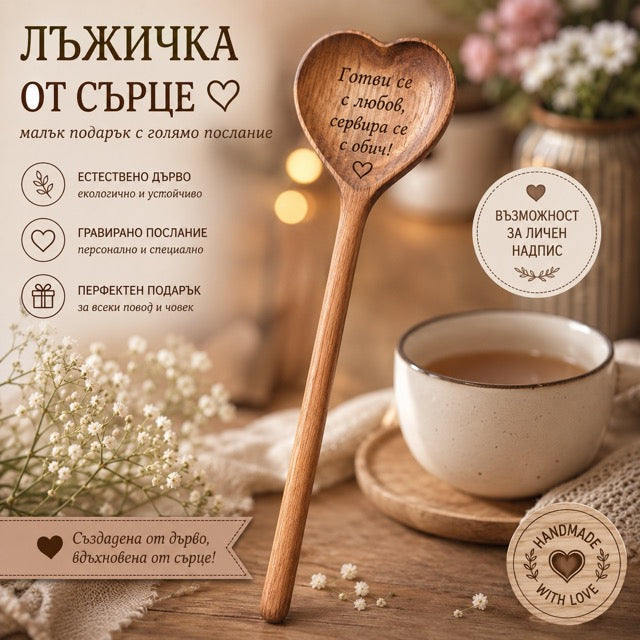 Лъжичка от сърце с гравирано послание, ръчна изработка от естествено дърво от exe.bg