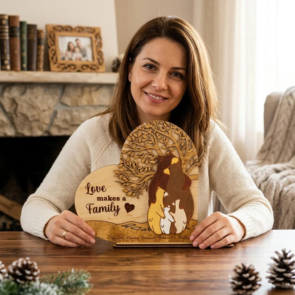 Жена държи ръчно изработена дървена декорация с мечешко семейство и надпис за семейство.