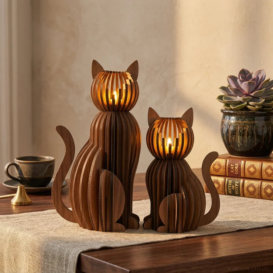 Две нощни лампи във формата на котки, ръчна изработка от естествено дърво, стилна декорация от exe.bg.