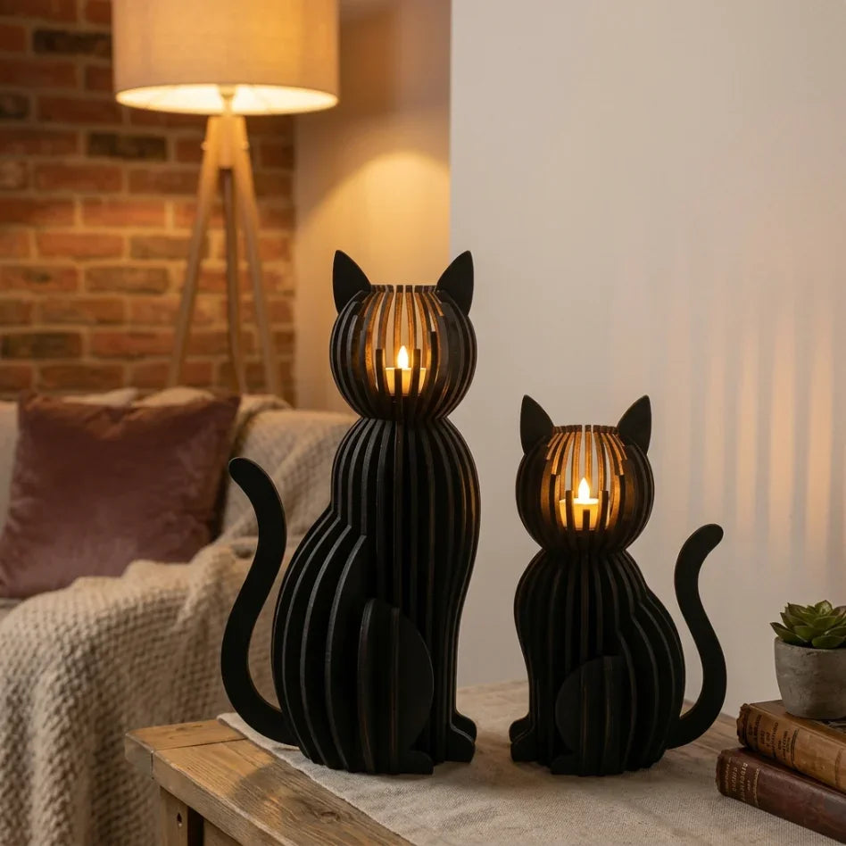 Декоративни лампи във формата на котки, ръчна изработка от естествено дърво, изненада за дома от exe.bg.