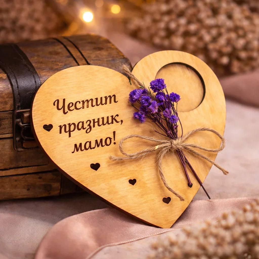 Дървено сърце с гравиран надпис, сухи цветя и декорация, ръчна изработка от естествено дърво от exe.bg.