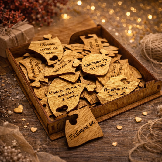 “19 причини да те обичам”  Дървен пъзел сърце в елегантна кутия с името на Вашия любим човек