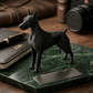 Детайлна черна 3D фигура на куче върху мраморна основа, стилна изненада за офис или дом.