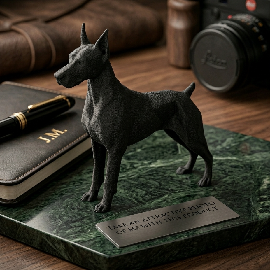 Детайлна черна 3D фигура на куче върху мраморна основа, стилна изненада за офис или дом.