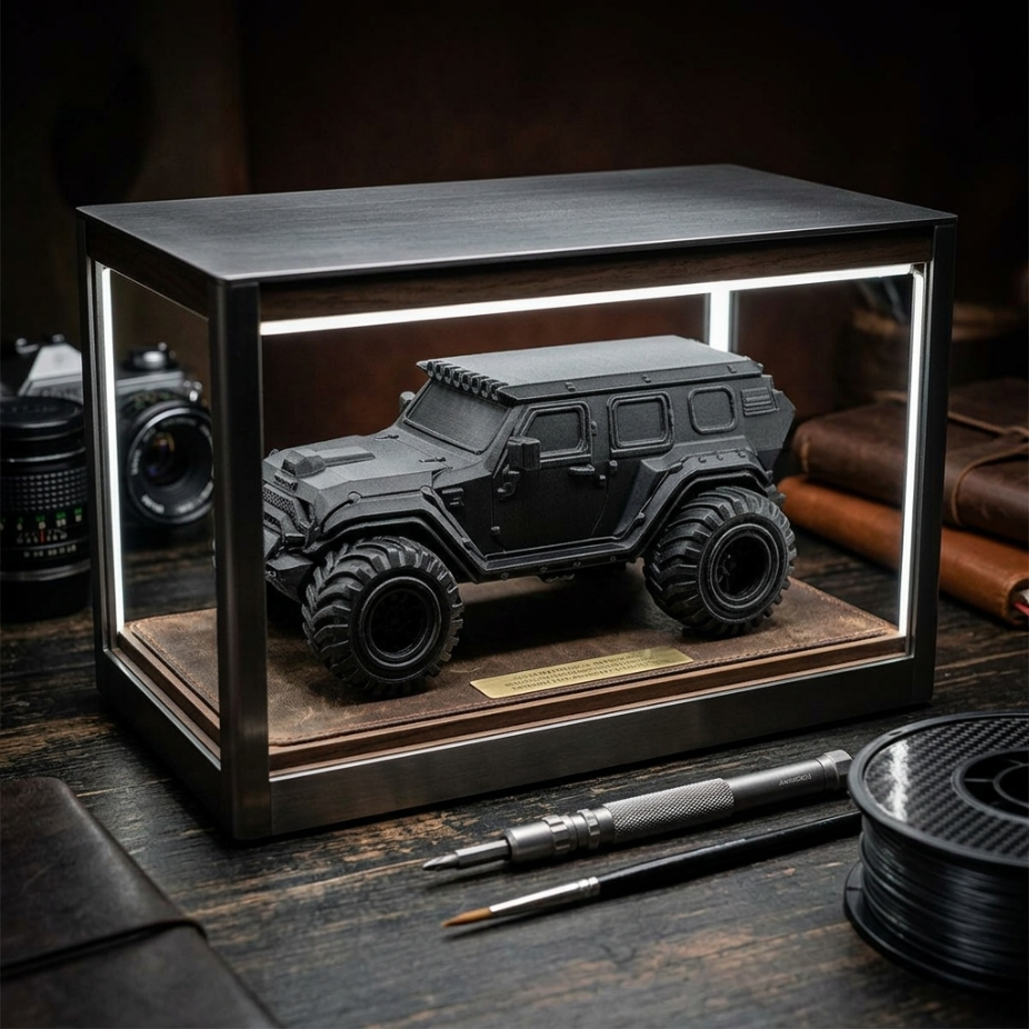 Детайлна 3D фигура на джип в стъклен кейс, ръчна изработка, уникална изненада от exe.bg.