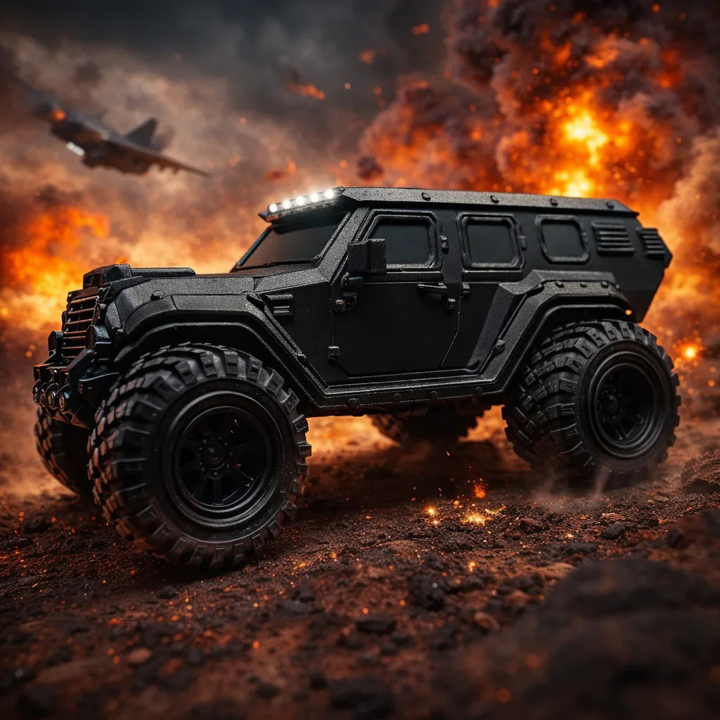 Детайлен модел на брониран джип 4x4 върху терен със светлинни ефекти, подходяща изненада от exe.bg.