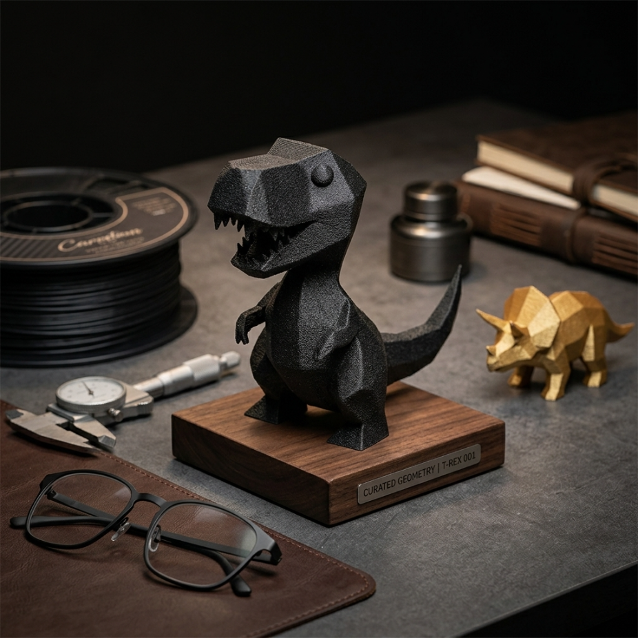 Декоративна черна 3D фигура на динозавър върху дървена стойка, модерна изненада за дома.
