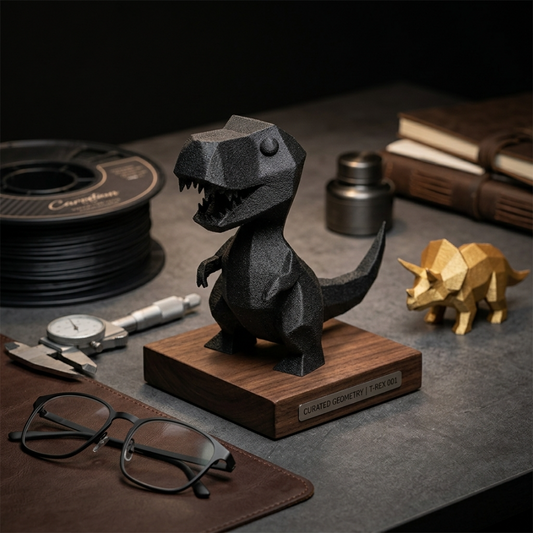 Декоративна черна 3D фигура на динозавър върху дървена стойка, модерна изненада за дома.