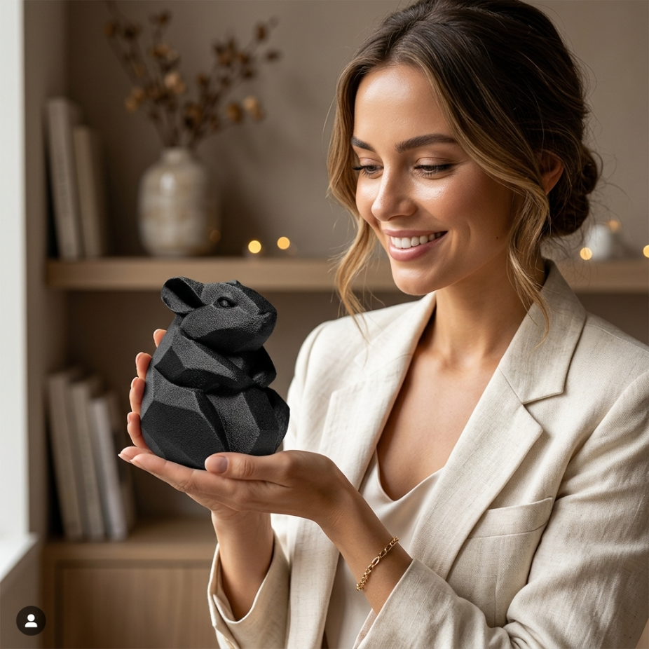 Модерна черна 3D фигура на заек, ръчно изработена, стилна изненада за декорация, от exe.bg