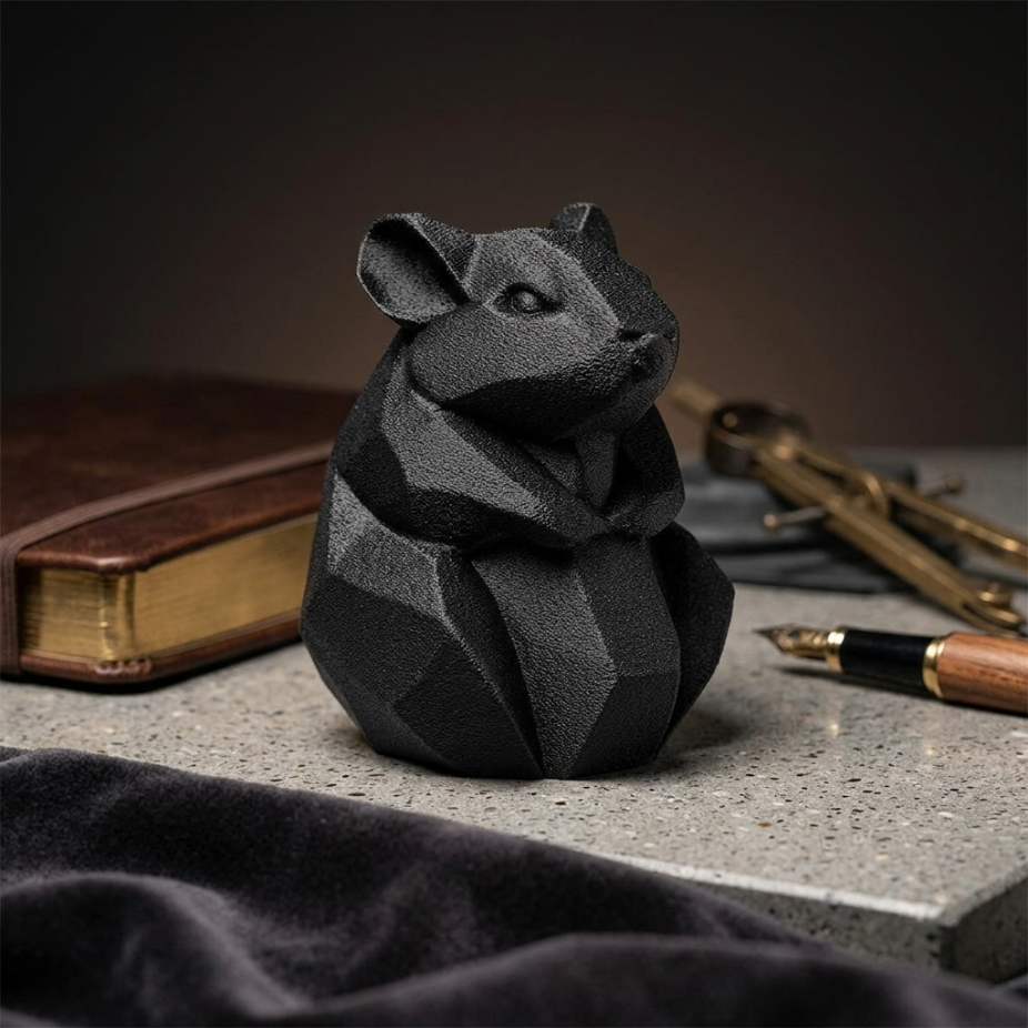 Модерна черна декоративна 3D фигура на хамстер, изработена ръчно, стилен акцент за дома от exe.bg.