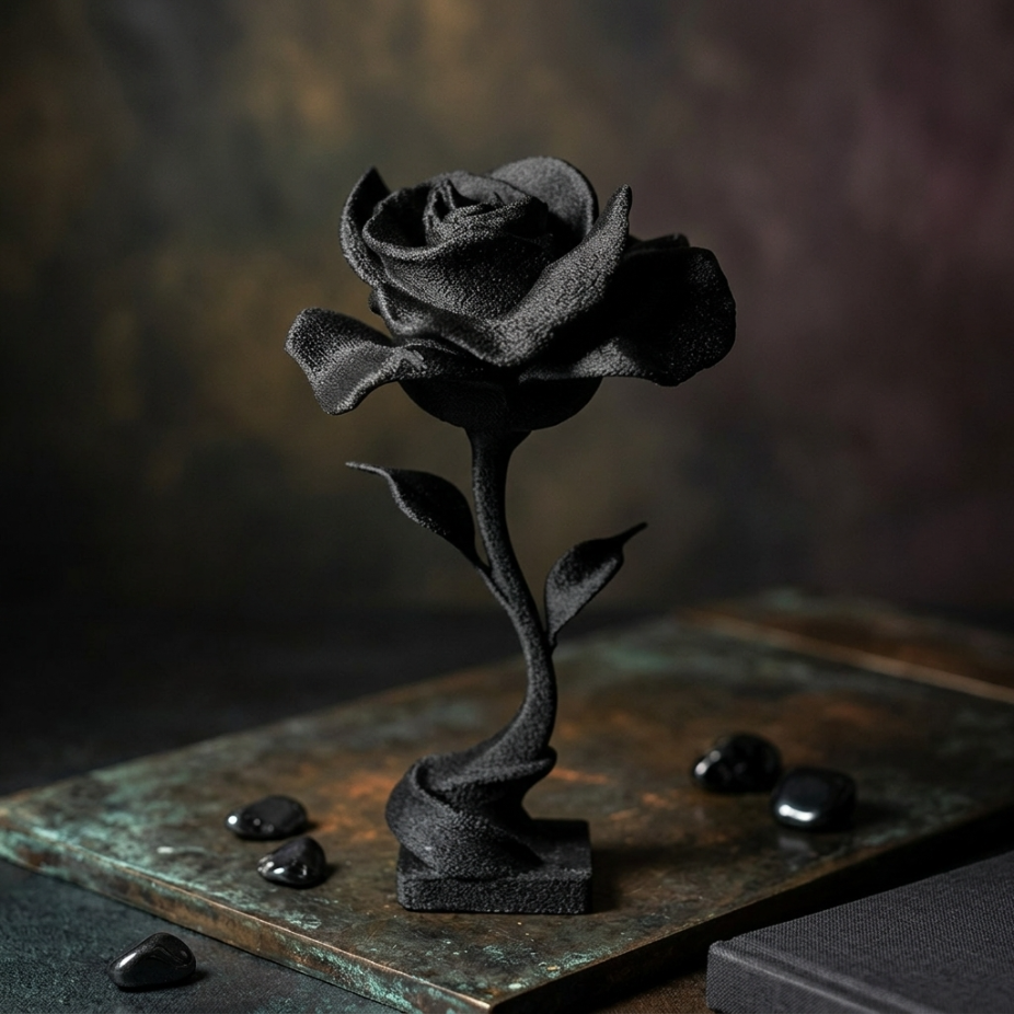 Детайлна черна 3D роза, подходяща за стилна изненада или декорация, изработена ръчно.